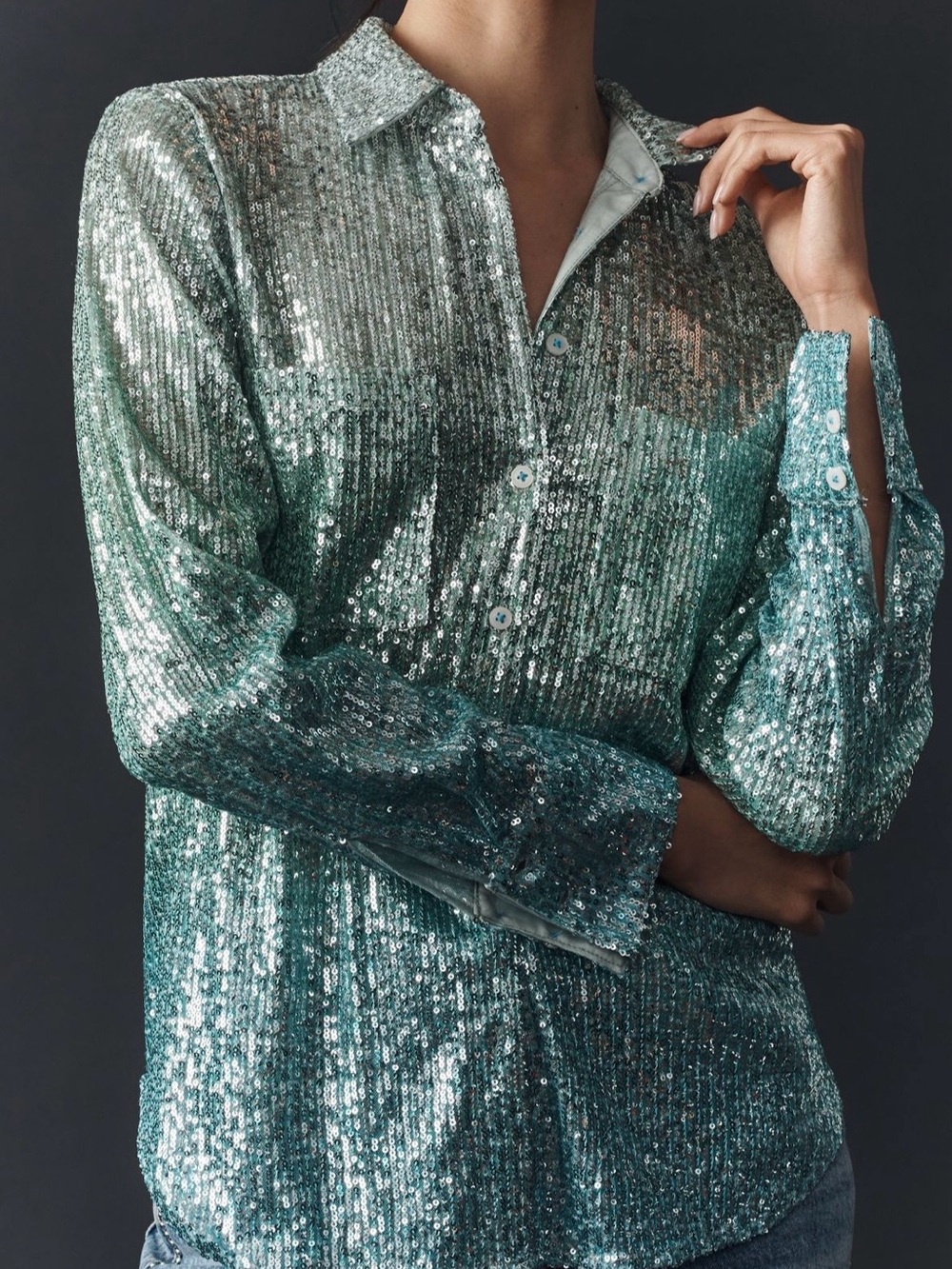 Anthropologie Sequin Button-Down Shirt in Mint